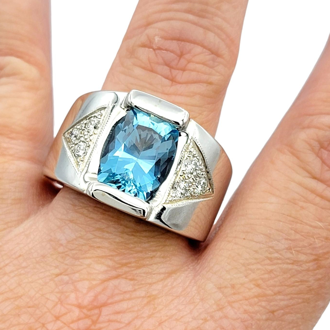 5ct Mens Cushion Cut Aquamarine Cigar Band Ring in Silver