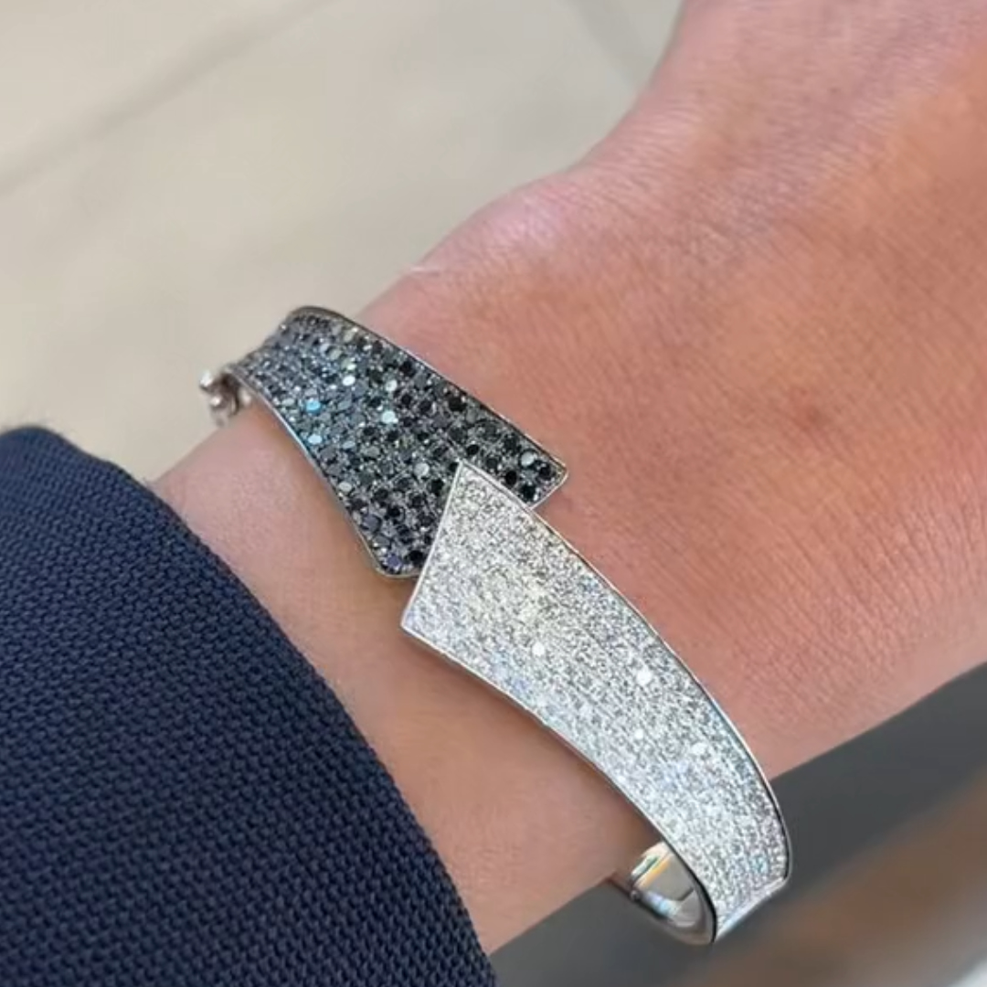 Pave Setting White & Black Stone Overlap Bangle