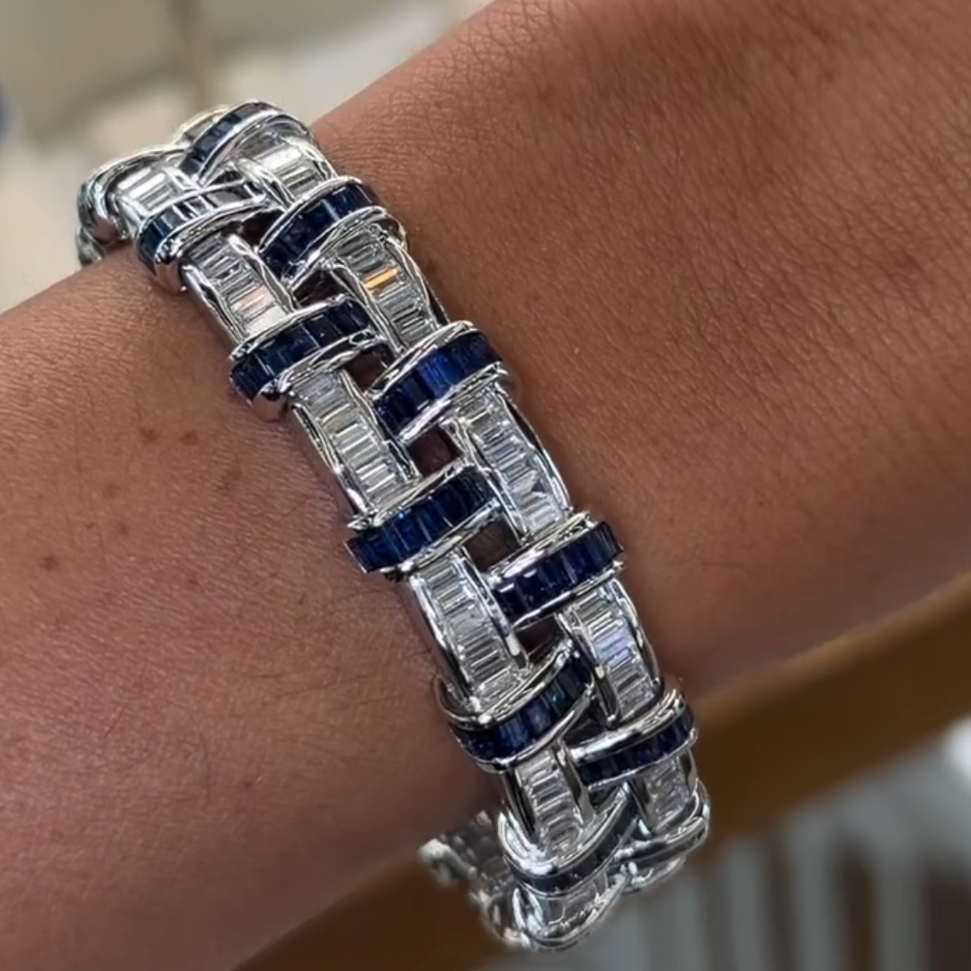 Sapphire Blue & White Stone Basket Weave Bracelet