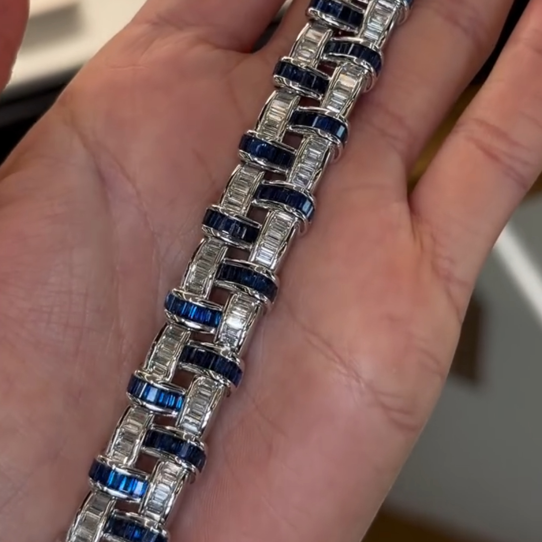 Sapphire Blue & White Stone Basket Weave Bracelet