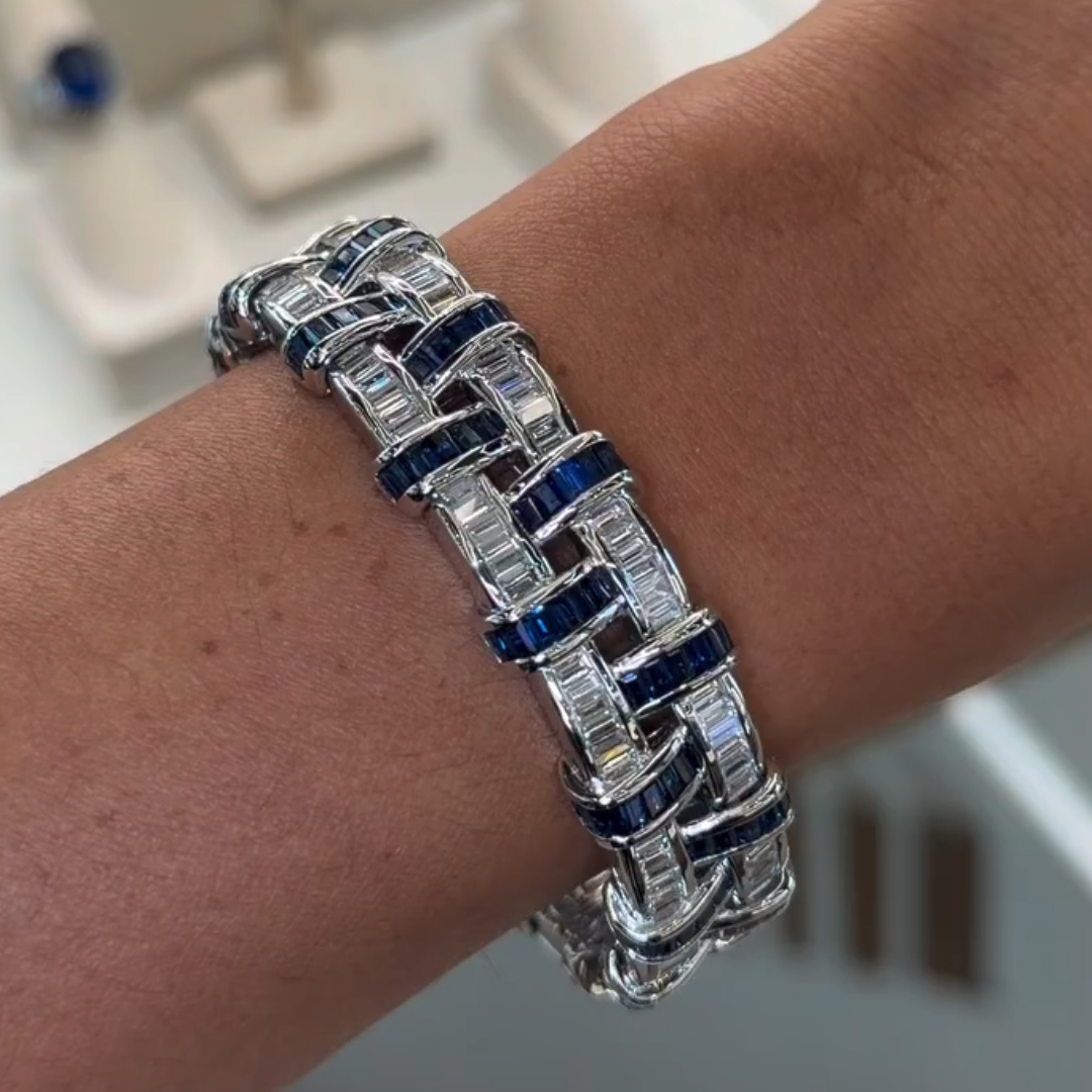 Sapphire Blue & White Stone Basket Weave Bracelet