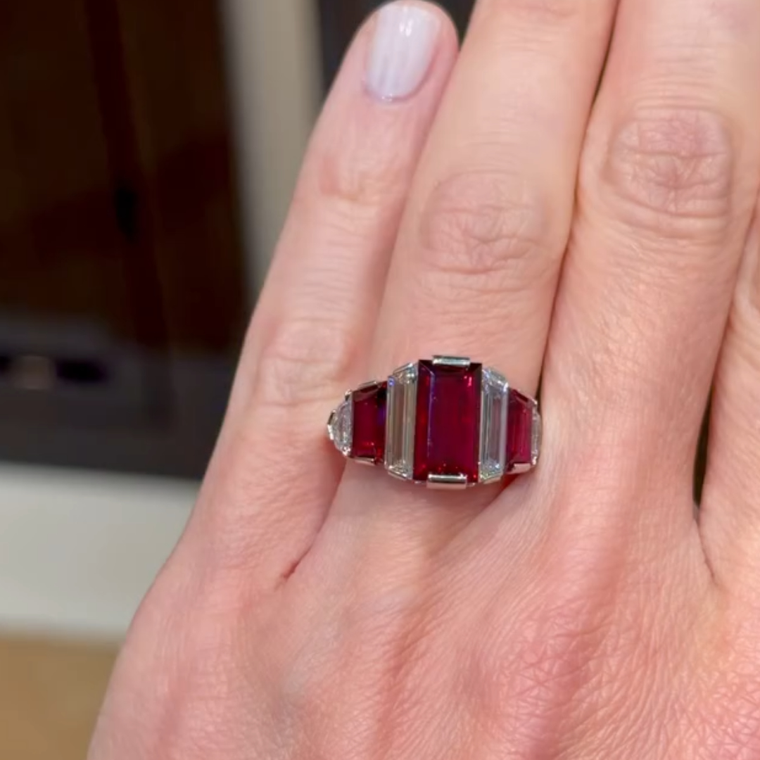 Step Design Baguette Cut Pigeon’s Blood Ruby Ring