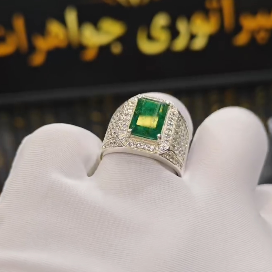 Pave Set 4ct Emerald Green Stone Ring for Men