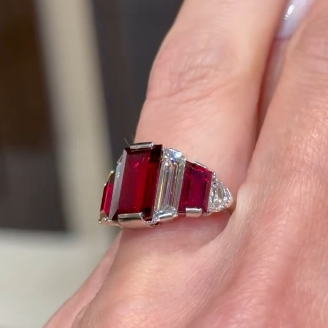 Step Design Baguette Cut Pigeon’s Blood Ruby Ring