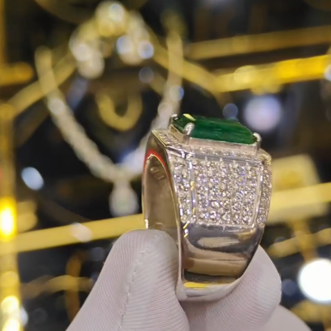 Pave Set 4ct Emerald Green Stone Ring for Men