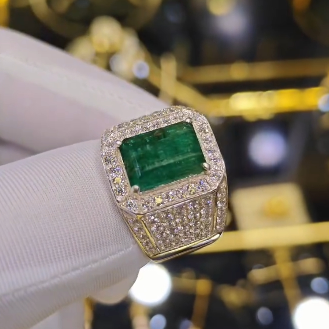 Pave Set 4ct Emerald Green Stone Ring for Men