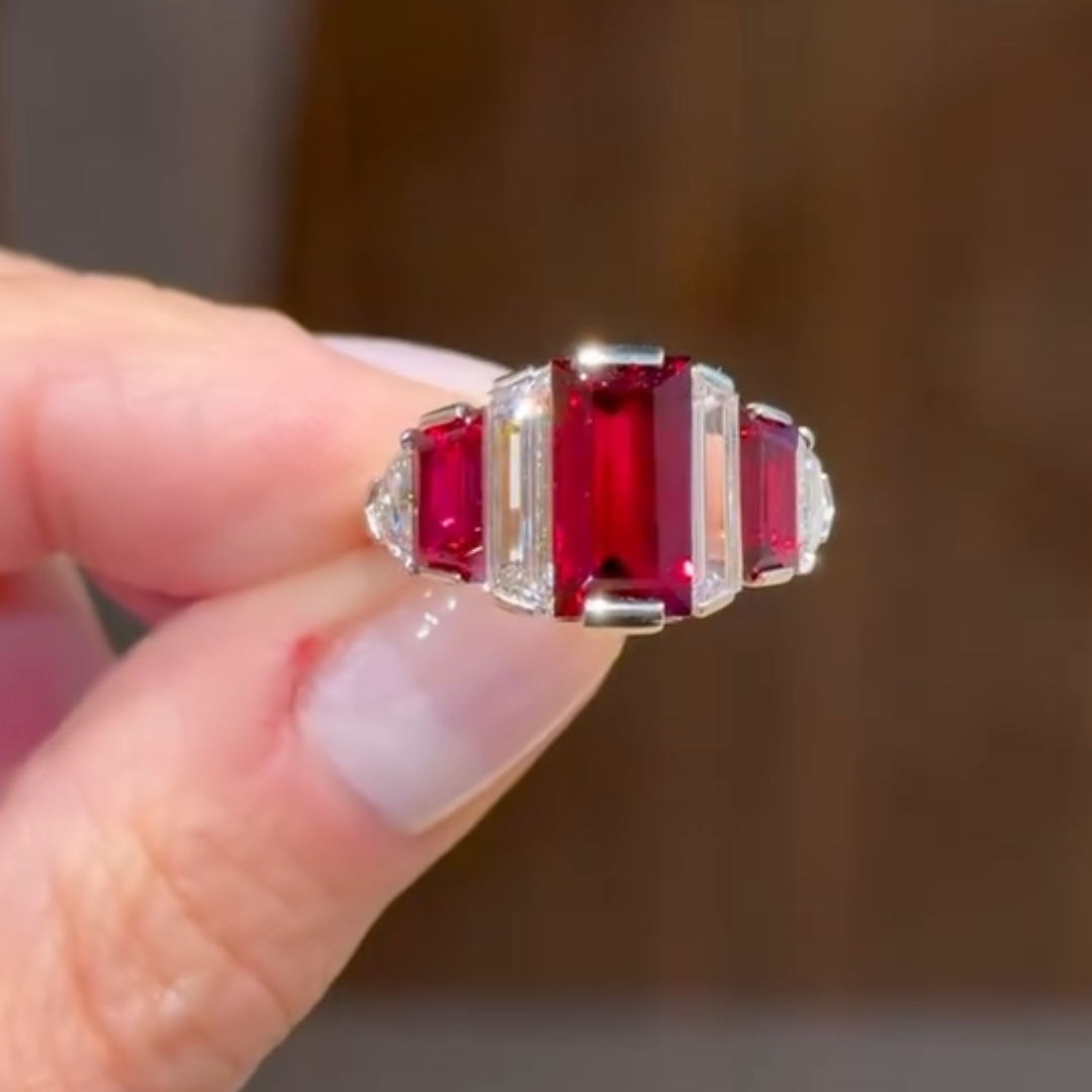 Step Design Baguette Cut Pigeon’s Blood Ruby Ring