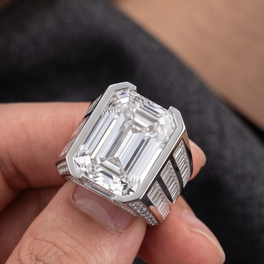 20ct Men's Emerald Cut White Stone Ring