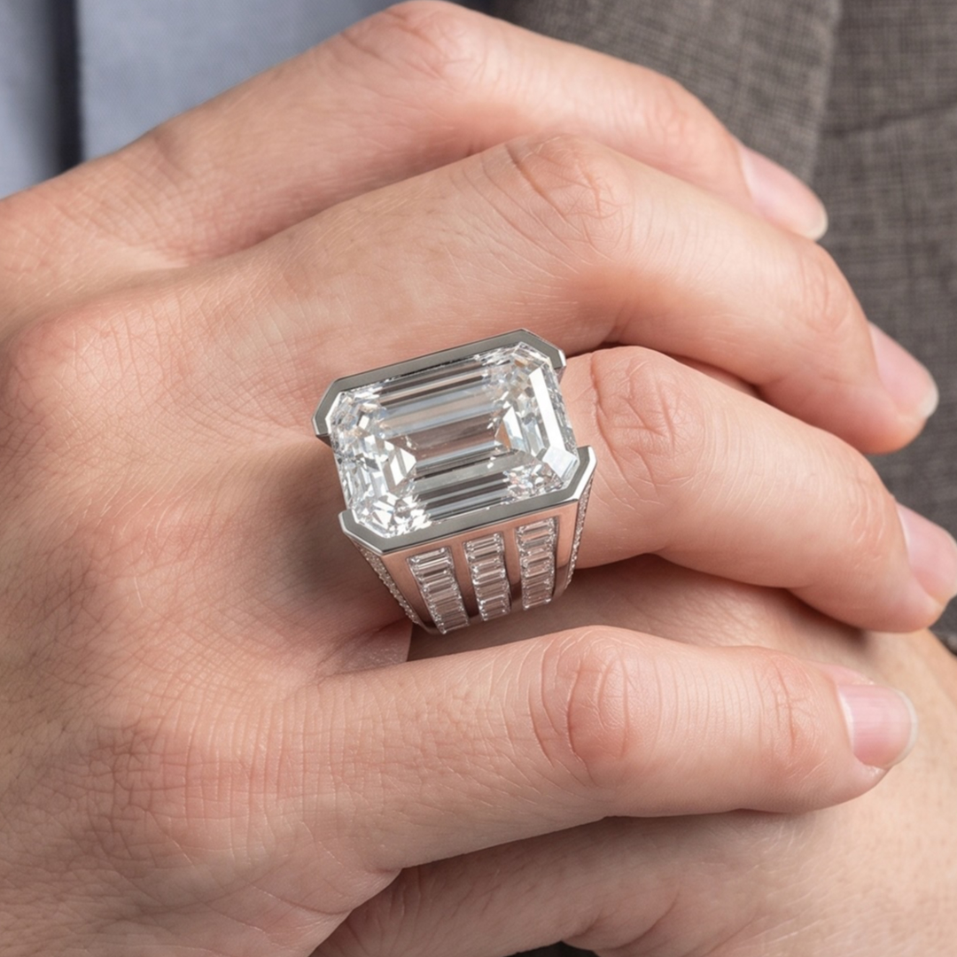 20ct Men's Emerald Cut White Stone Ring