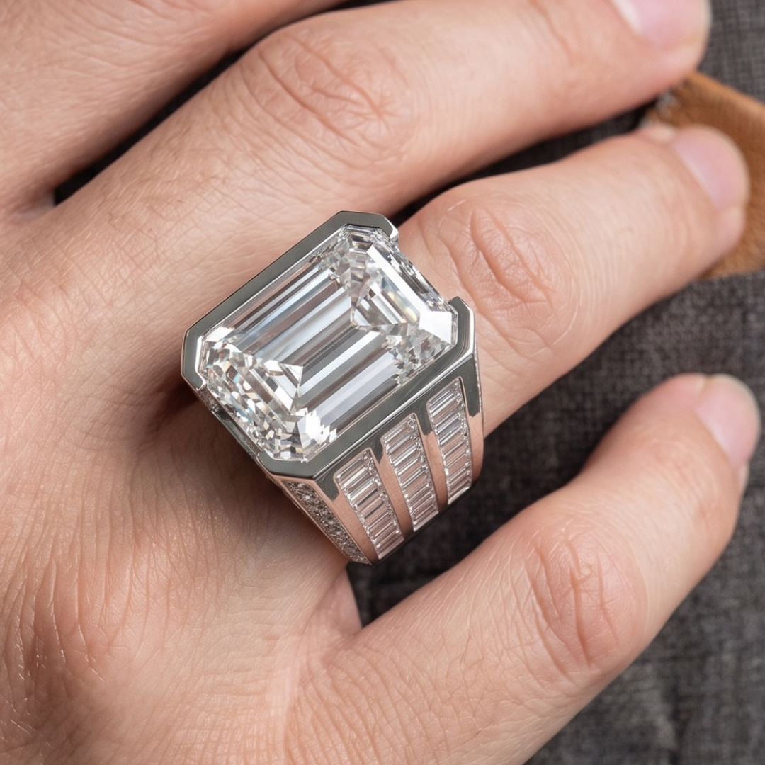 20ct Men's Emerald Cut White Stone Ring