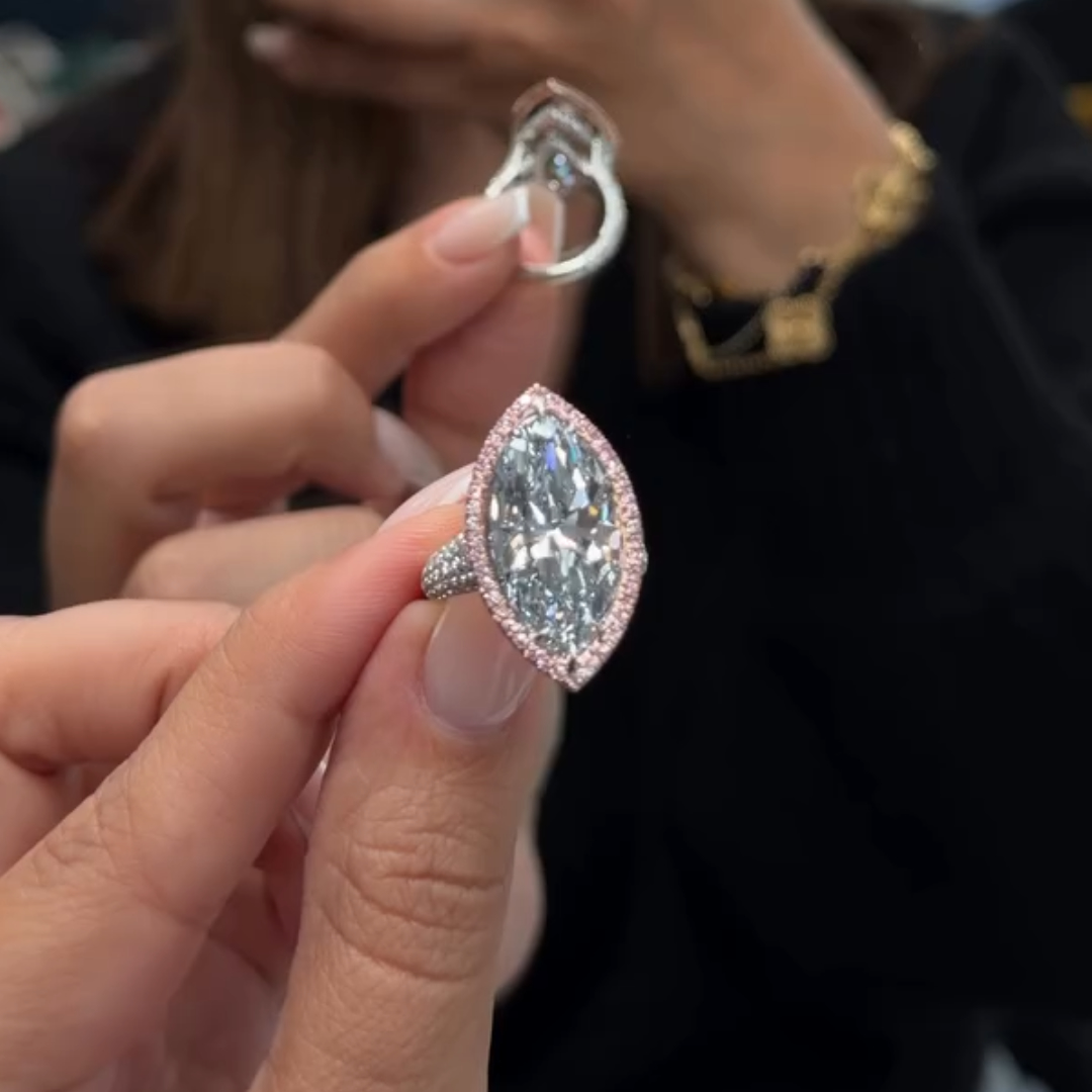 4ct Pave Set Marquise Cut White Stone Ring with Pink Halo
