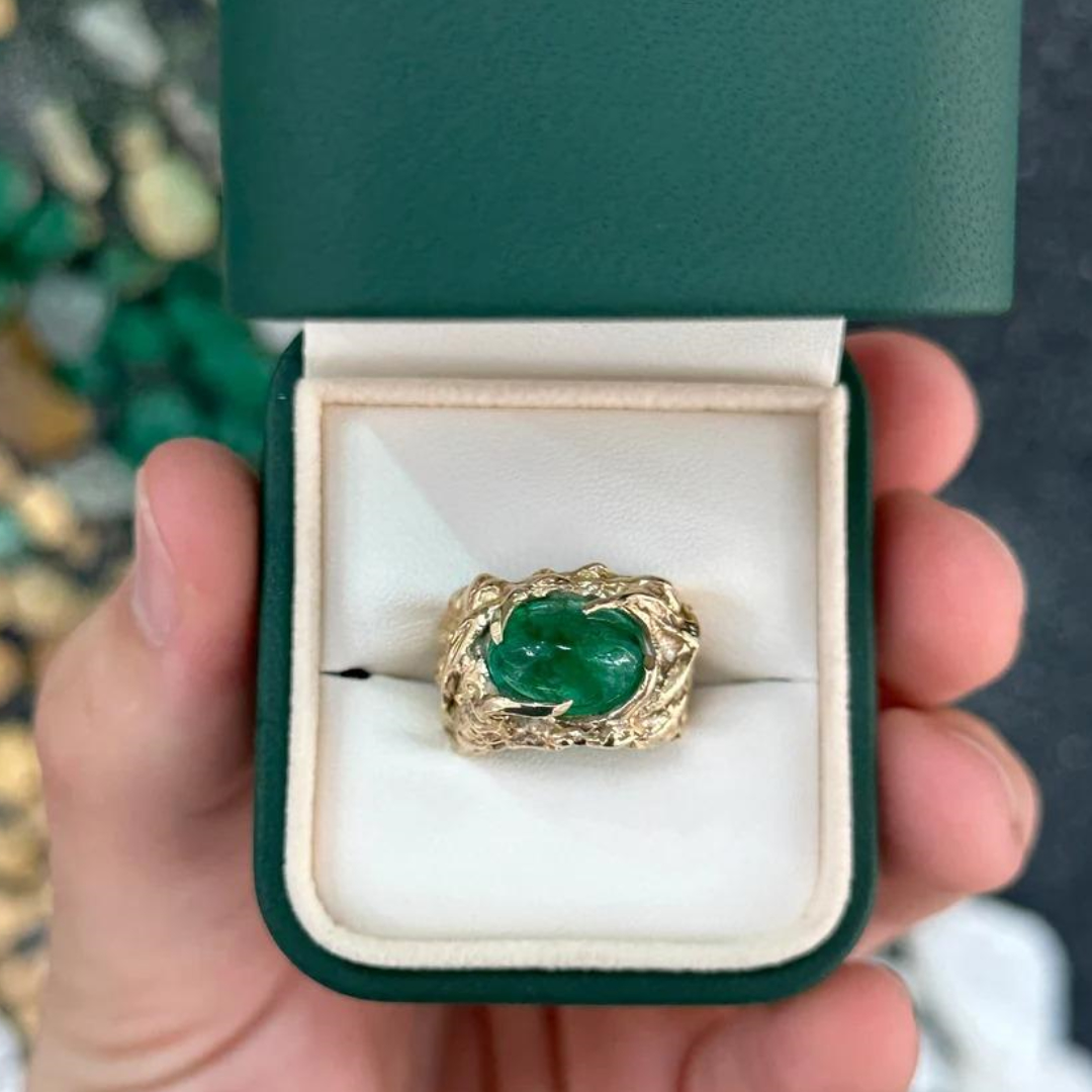 4.82ct Vivid Green Oval Cabochon Cut Emerald Men's Pinky Ring