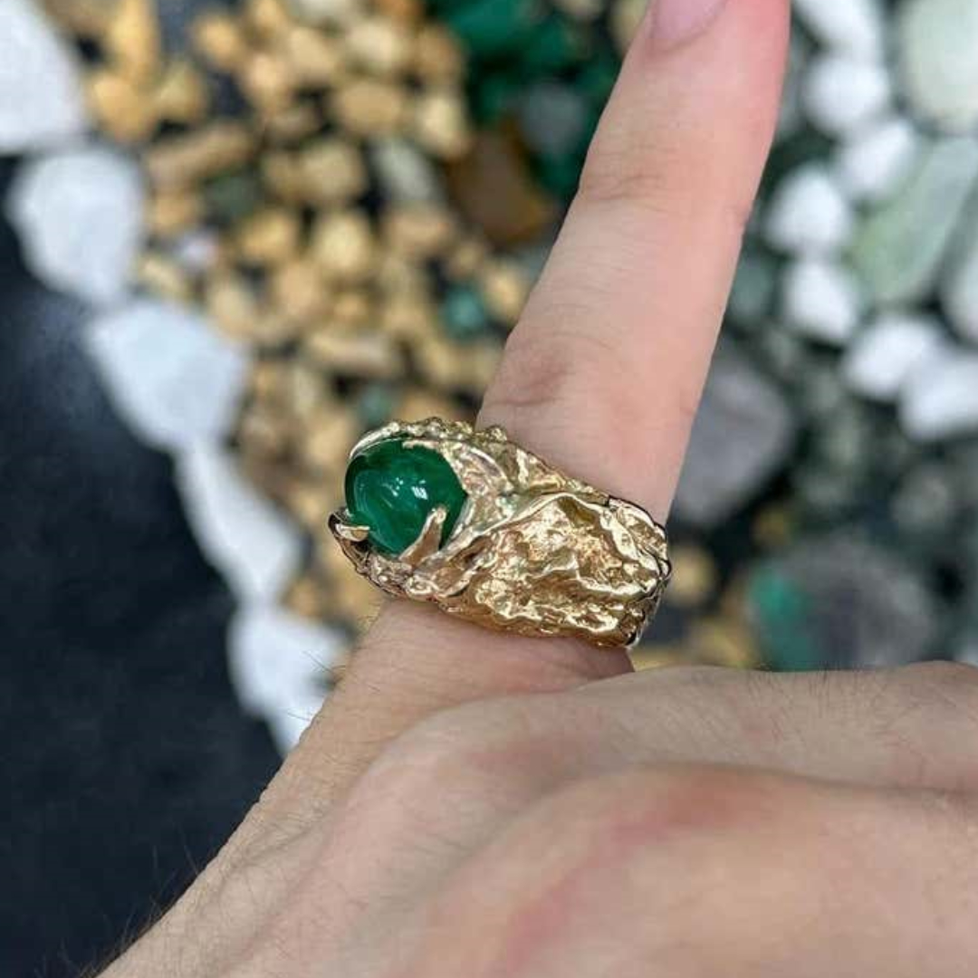 4.82ct Vivid Green Oval Cabochon Cut Emerald Men's Pinky Ring