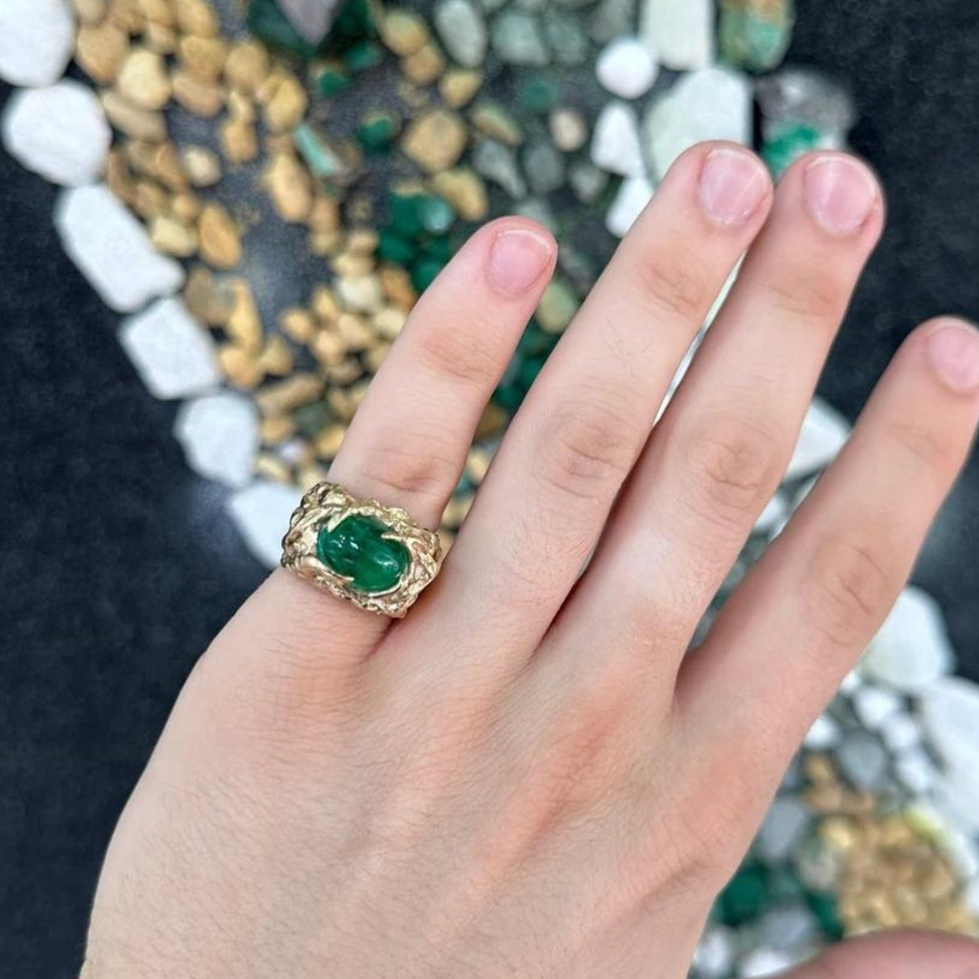 4.82ct Vivid Green Oval Cabochon Cut Emerald Men's Pinky Ring