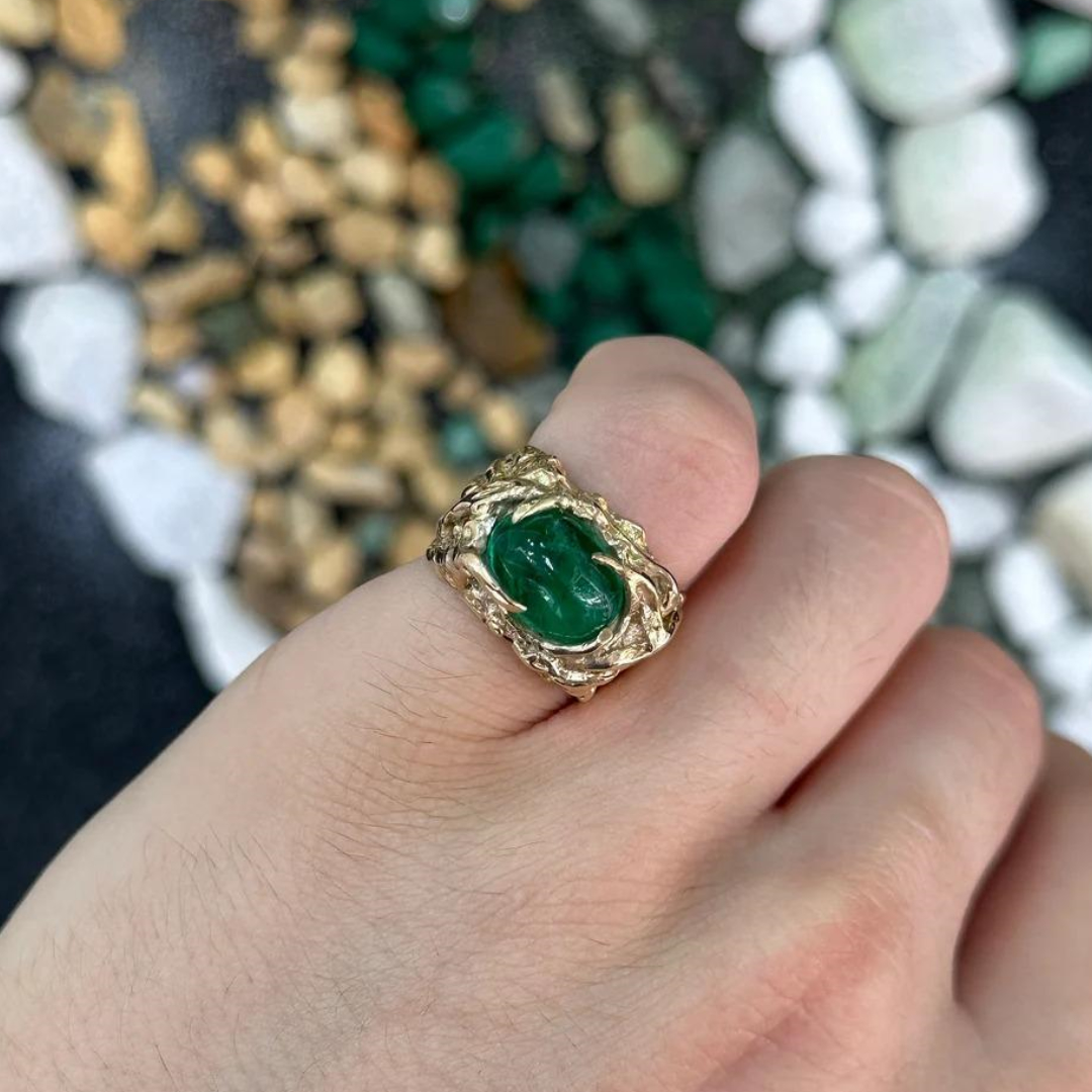 4.82ct Vivid Green Oval Cabochon Cut Emerald Men's Pinky Ring