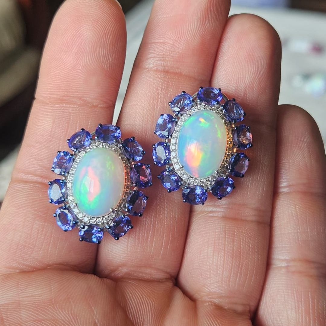 Opal & Sapphire Blue Modern Stud Earring