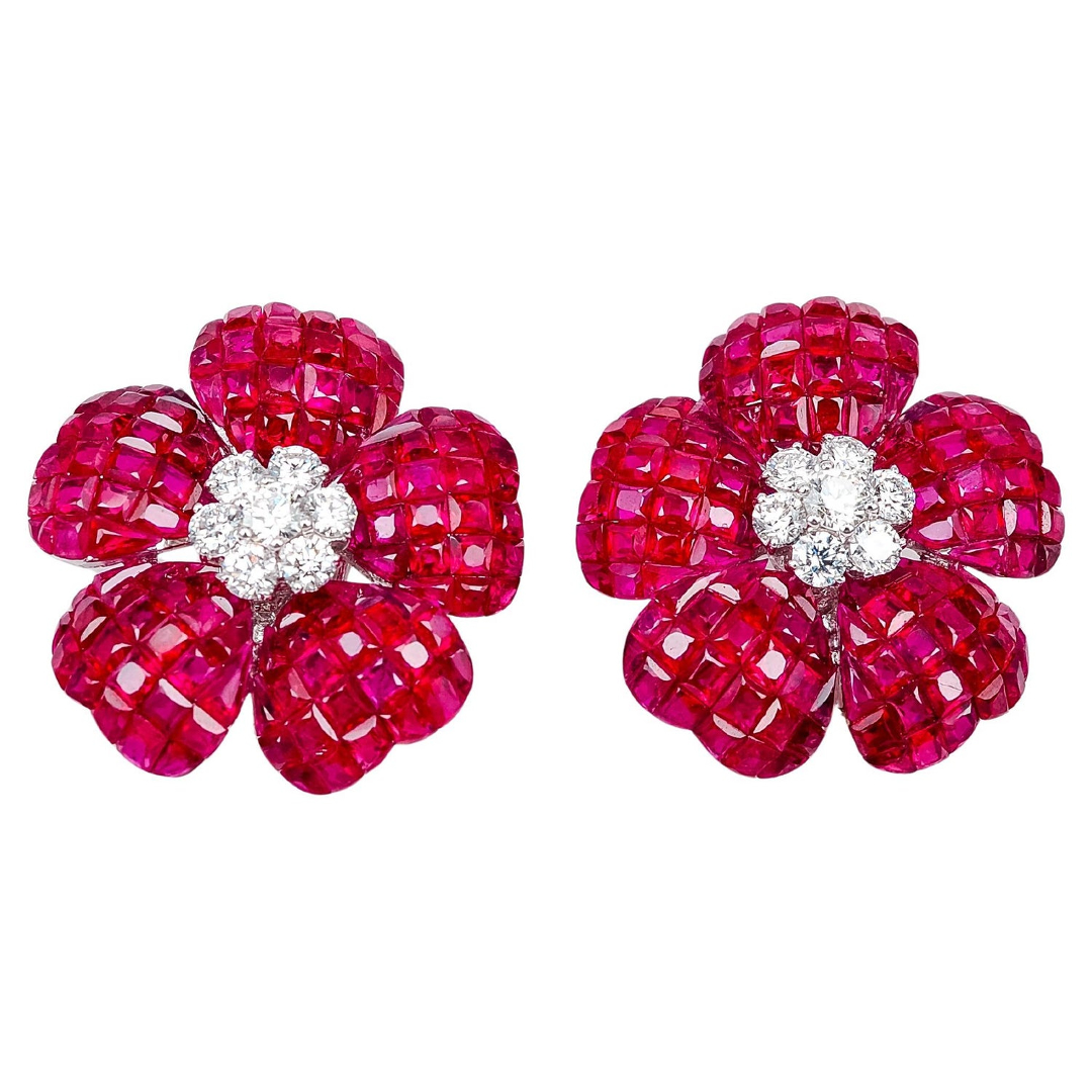 Invisibly-Set Ruby Red Stone Flower Earrings