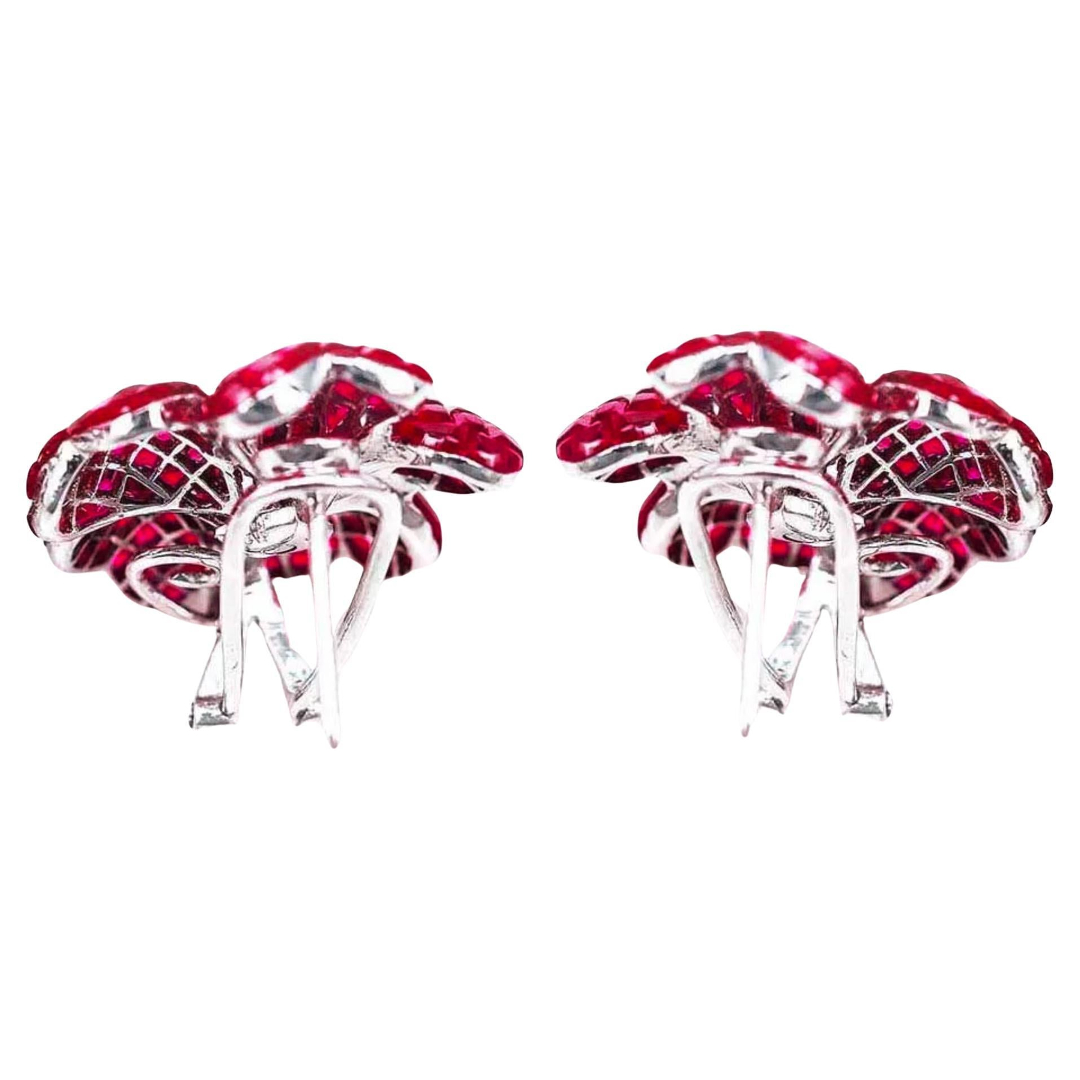 Invisibly-Set Ruby Red Stone Flower Earrings
