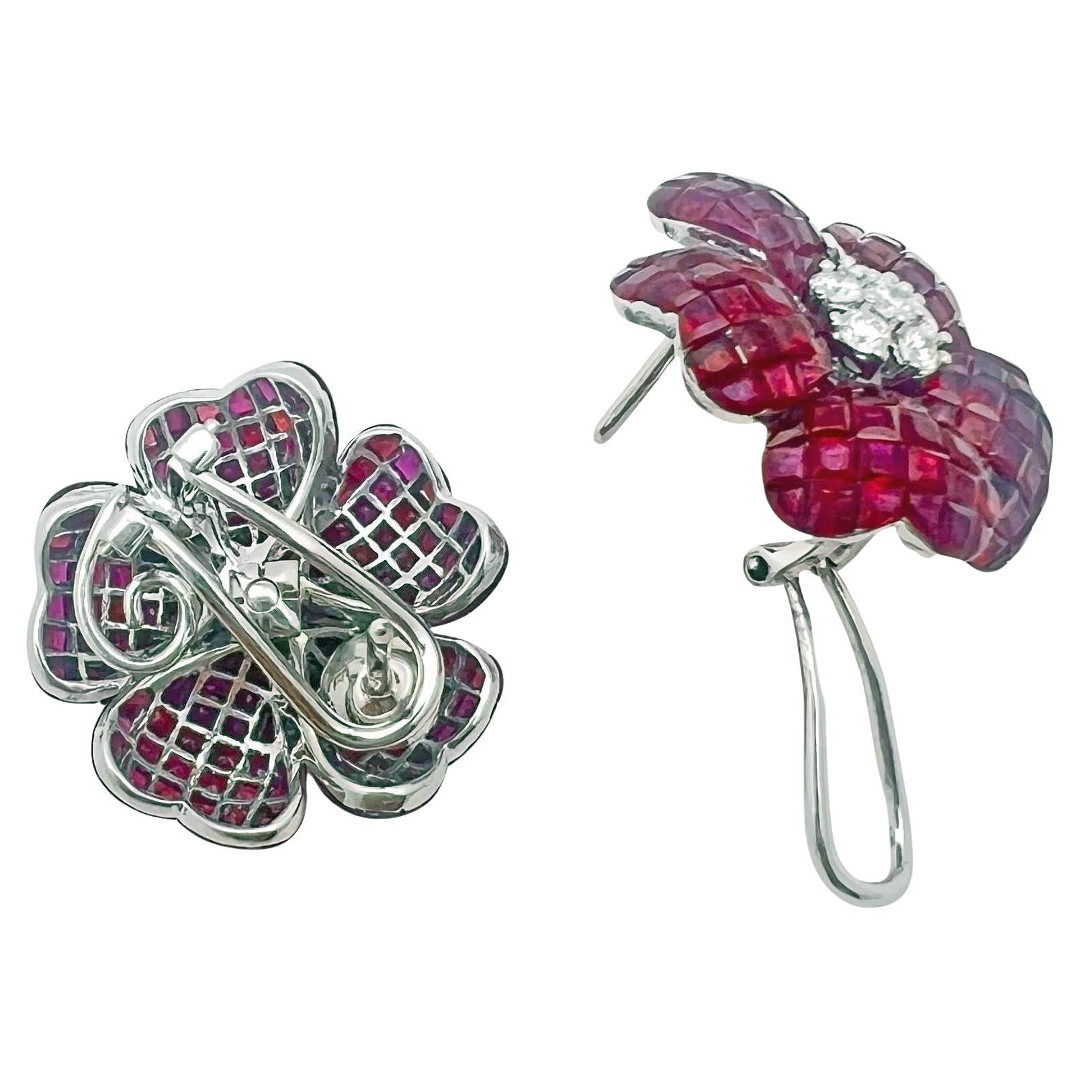 Invisibly-Set Ruby Red Stone Flower Earrings