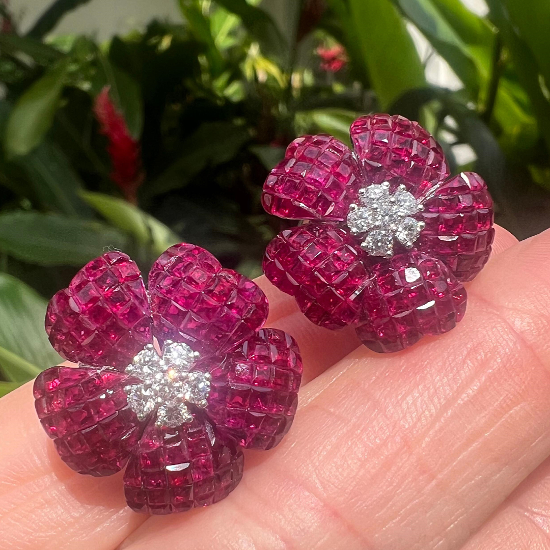 Invisibly-Set Ruby Red Stone Flower Earrings