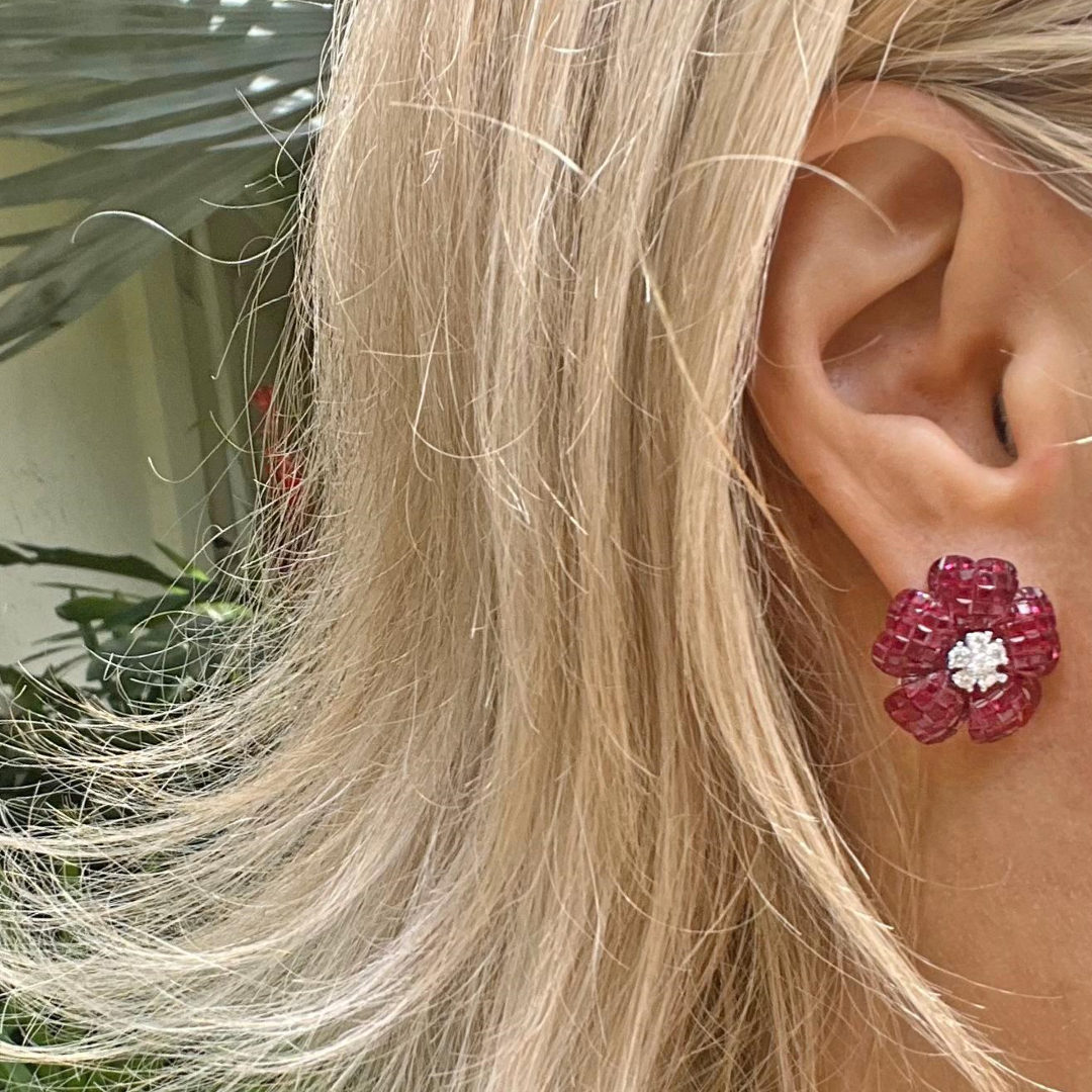 Invisibly-Set Ruby Red Stone Flower Earrings