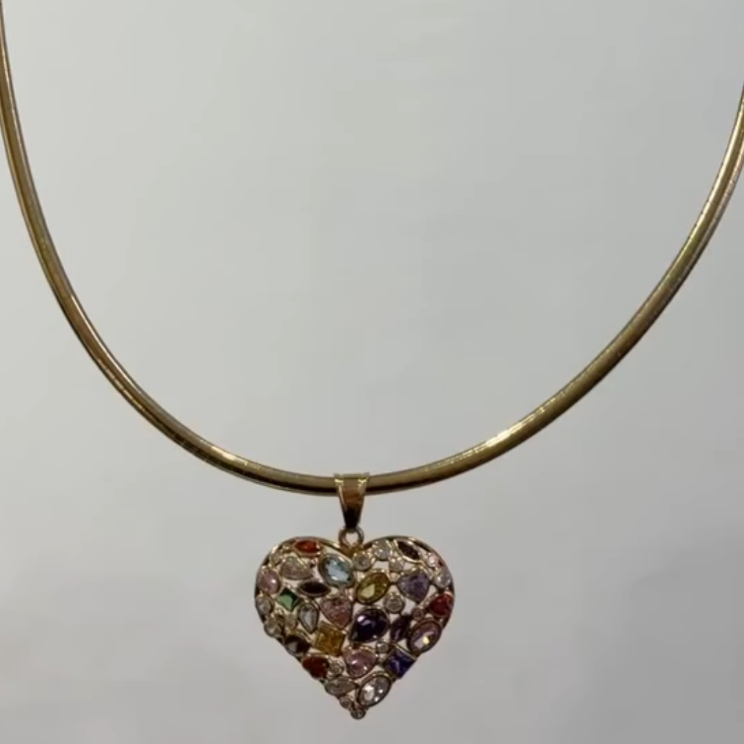 Multi-color Stone Love Heart Choker Necklace