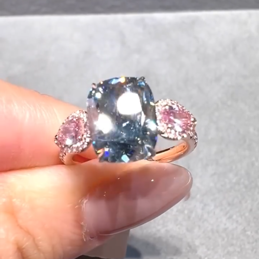 6.0ct Rose Gold Radiant Cut Blue And Triangle Cut Pink Three Gemstone Sterling Silver Ring