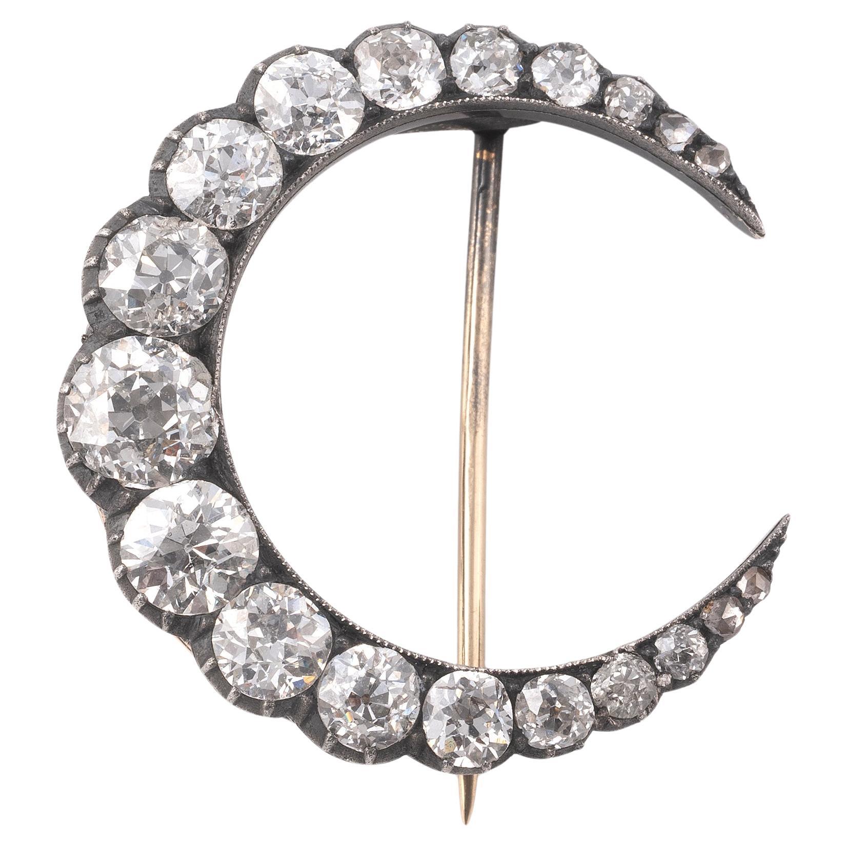  14 Karat Gold Silver Clear Paste Crescent Moon Pin Brooch
