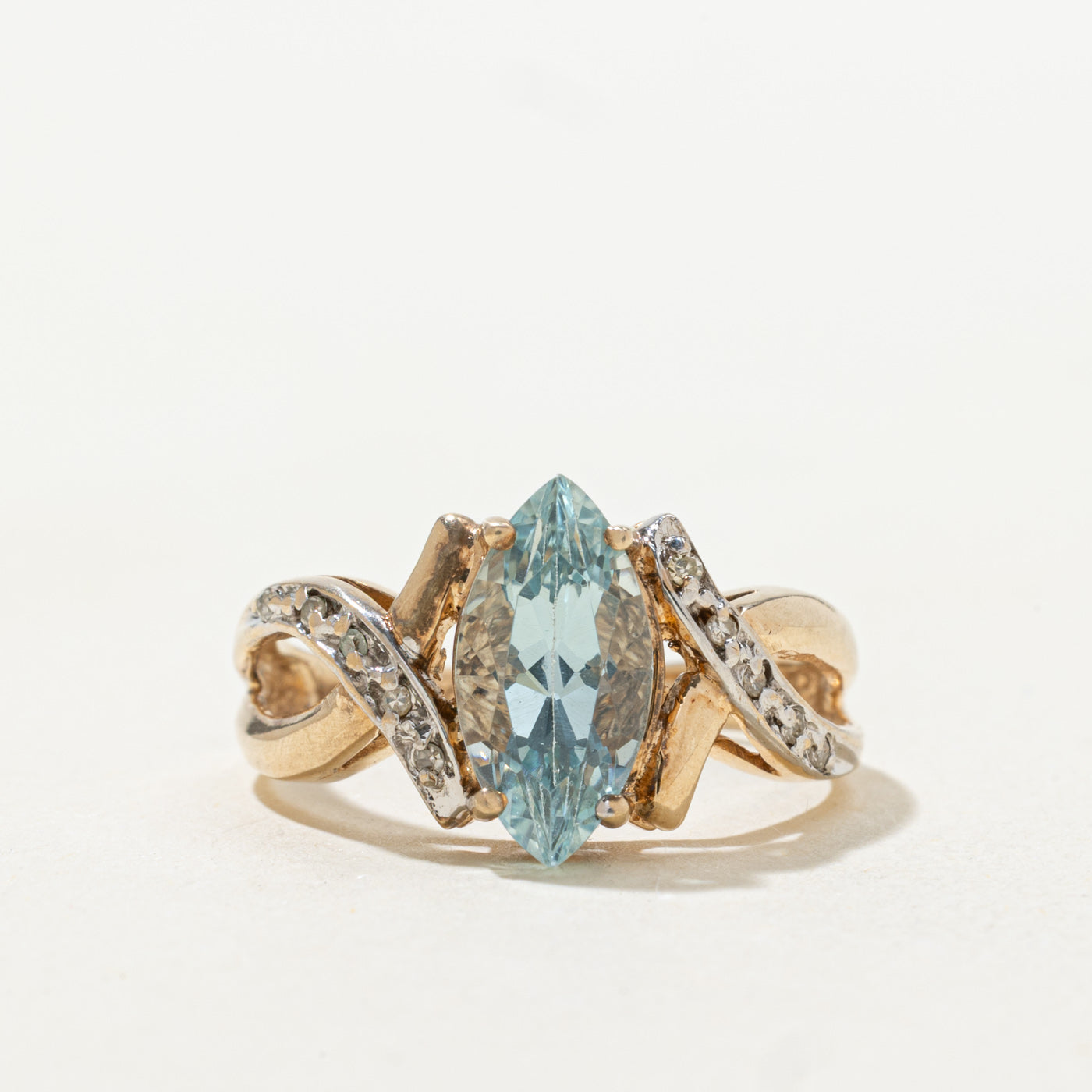 1.62ct Marquise Cut Aquamarine & White Stone Crossover Ring