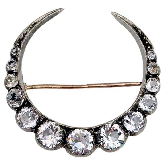  14 Karat Gold Silver Clear Paste Crescent Moon Pin Brooch