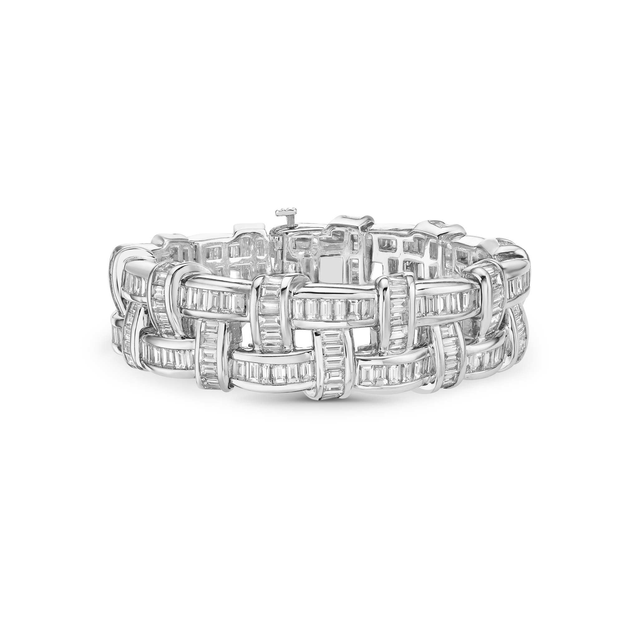 White Stone Basket Weave Design Bracelet in Silver