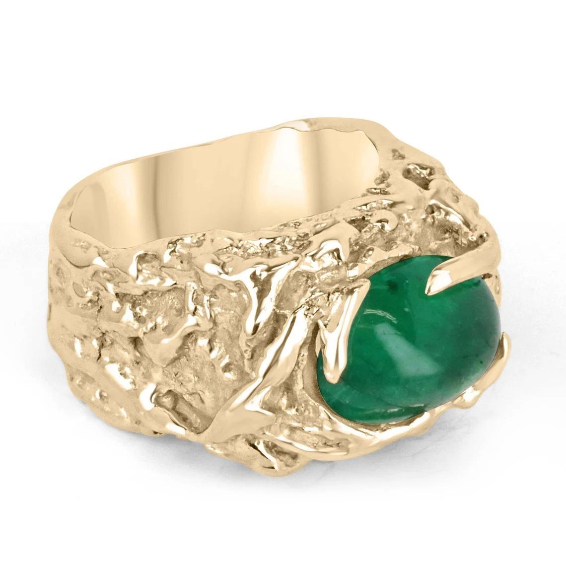 4.82ct Vivid Green Oval Cabochon Cut Emerald Men's Pinky Ring