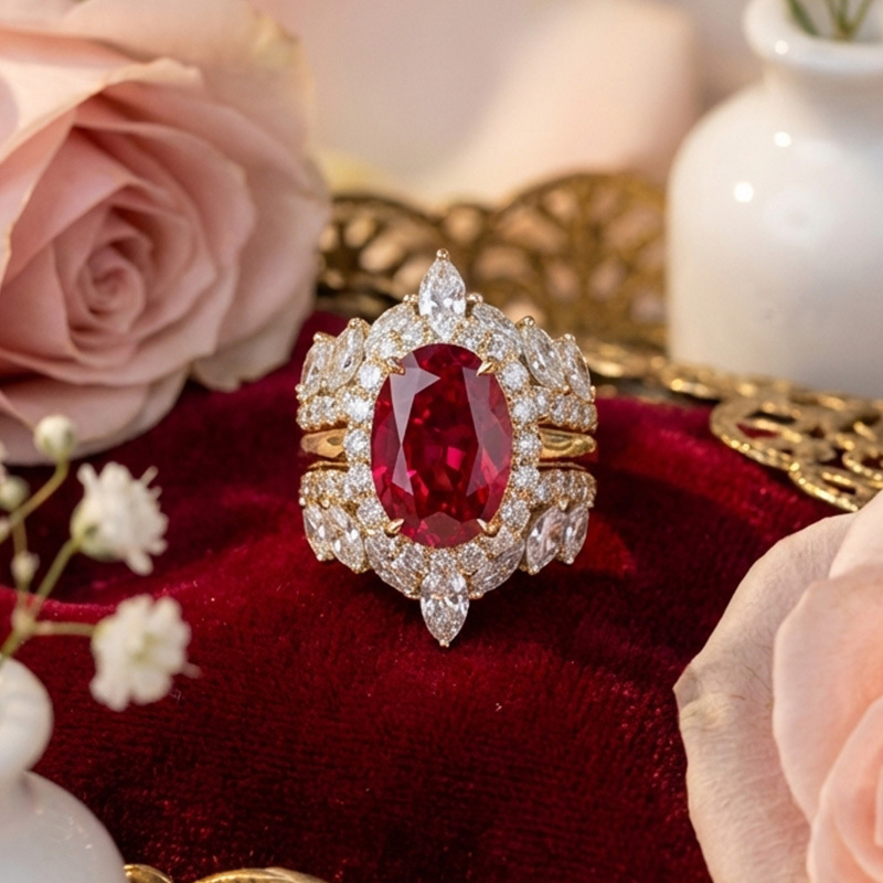 Halo 4ct Oval Cut Ruby Sapphire Wedding Set/3pcs