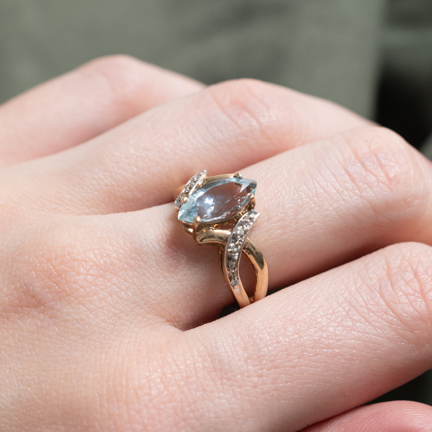 1.62ct Marquise Cut Aquamarine & White Stone Crossover Ring