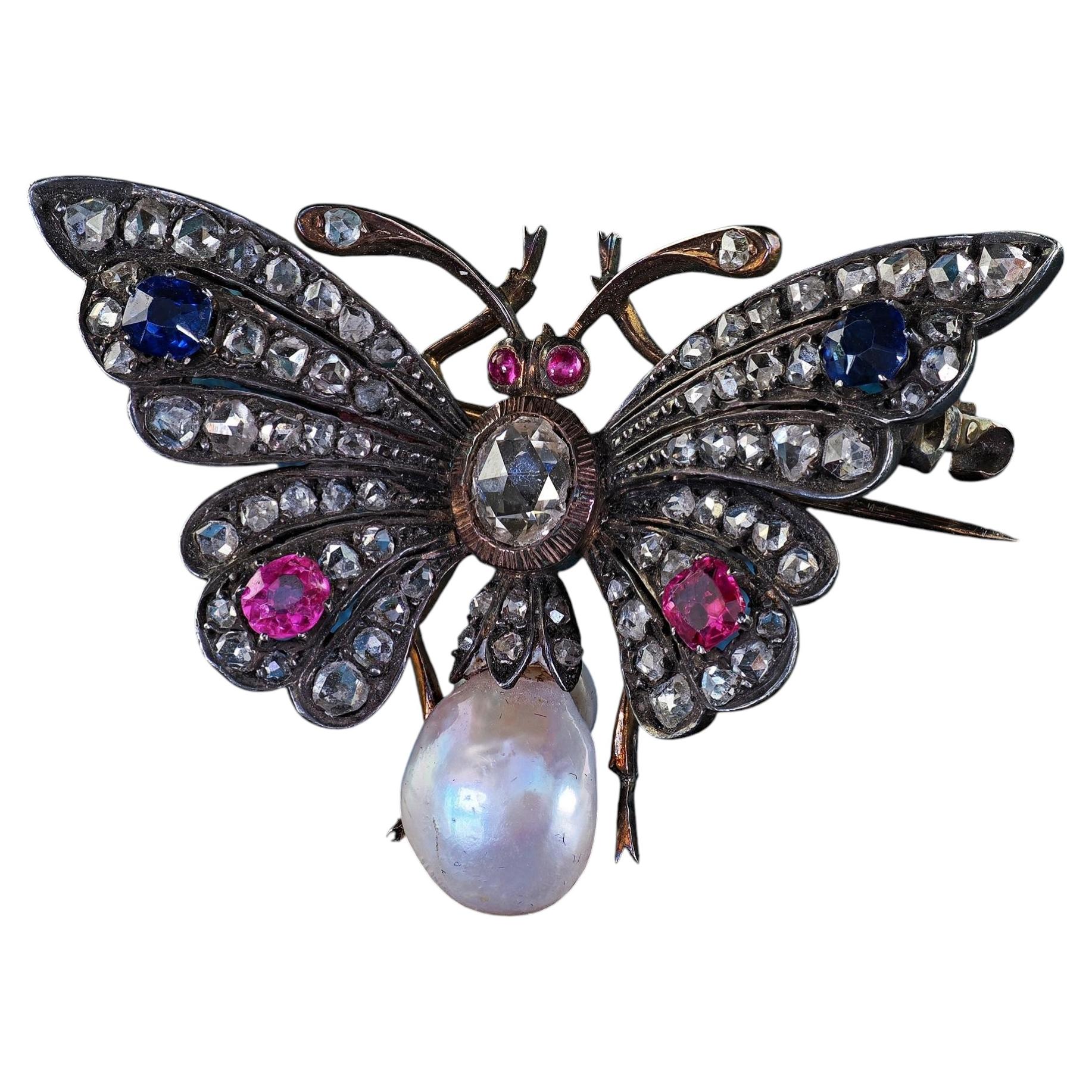 Antique Silver Rose Cut white Stone Ruby Butterfly Pin