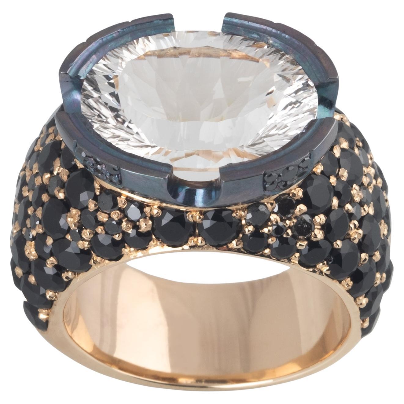 7.74 Carat Oval White Quartz Black Stone Silver Men's Ring