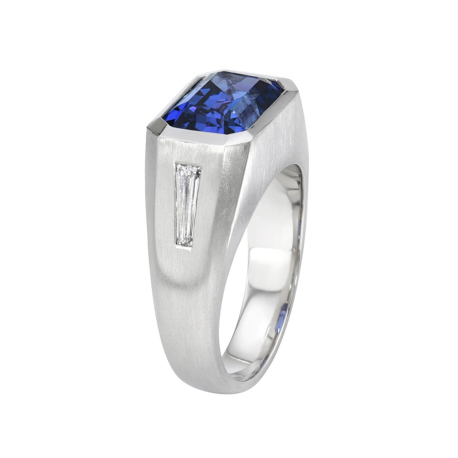 6.58 Carat Tanzanite Blue Emerald Cut Ring with Tapered Baguette Stone