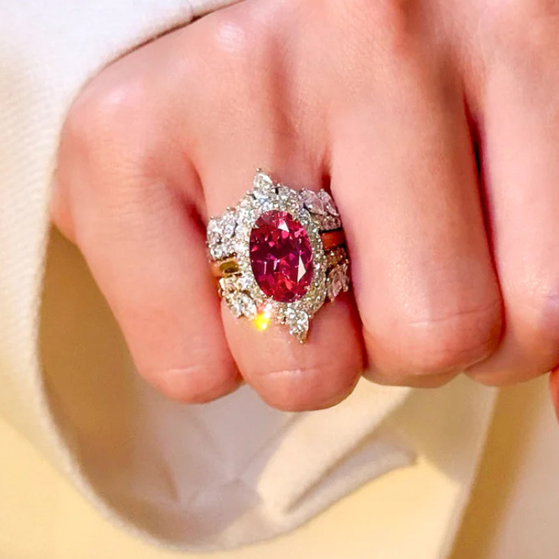 Halo 4ct Oval Cut Ruby Sapphire Wedding Set/3pcs