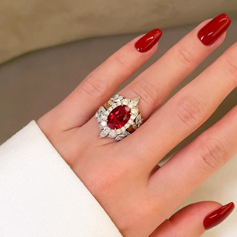 Halo 4ct Oval Cut Ruby Sapphire Wedding Set/3pcs