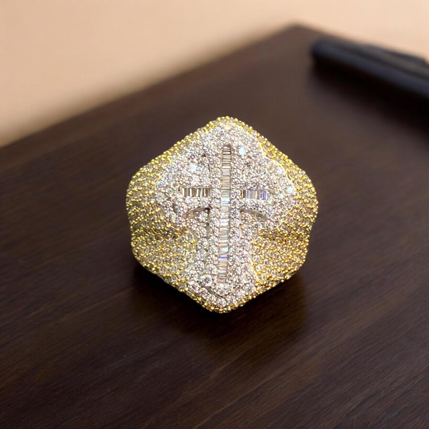 8.98 ctw Baguette Round Cut White Stone Men's Hip Hop Cross Ring