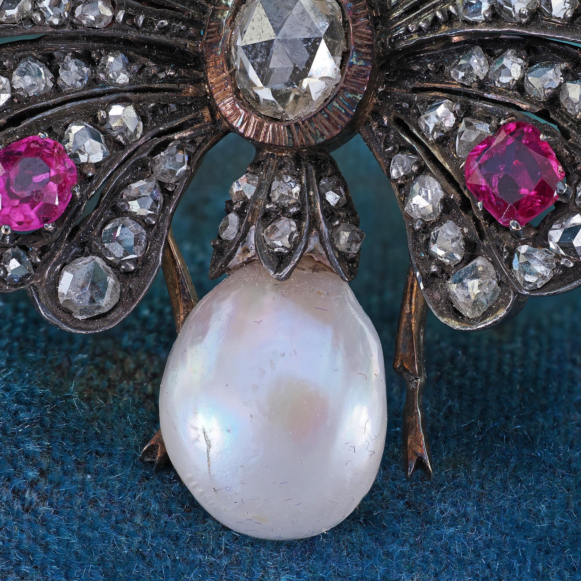 Antique Silver Rose Cut white Stone Ruby Butterfly Pin