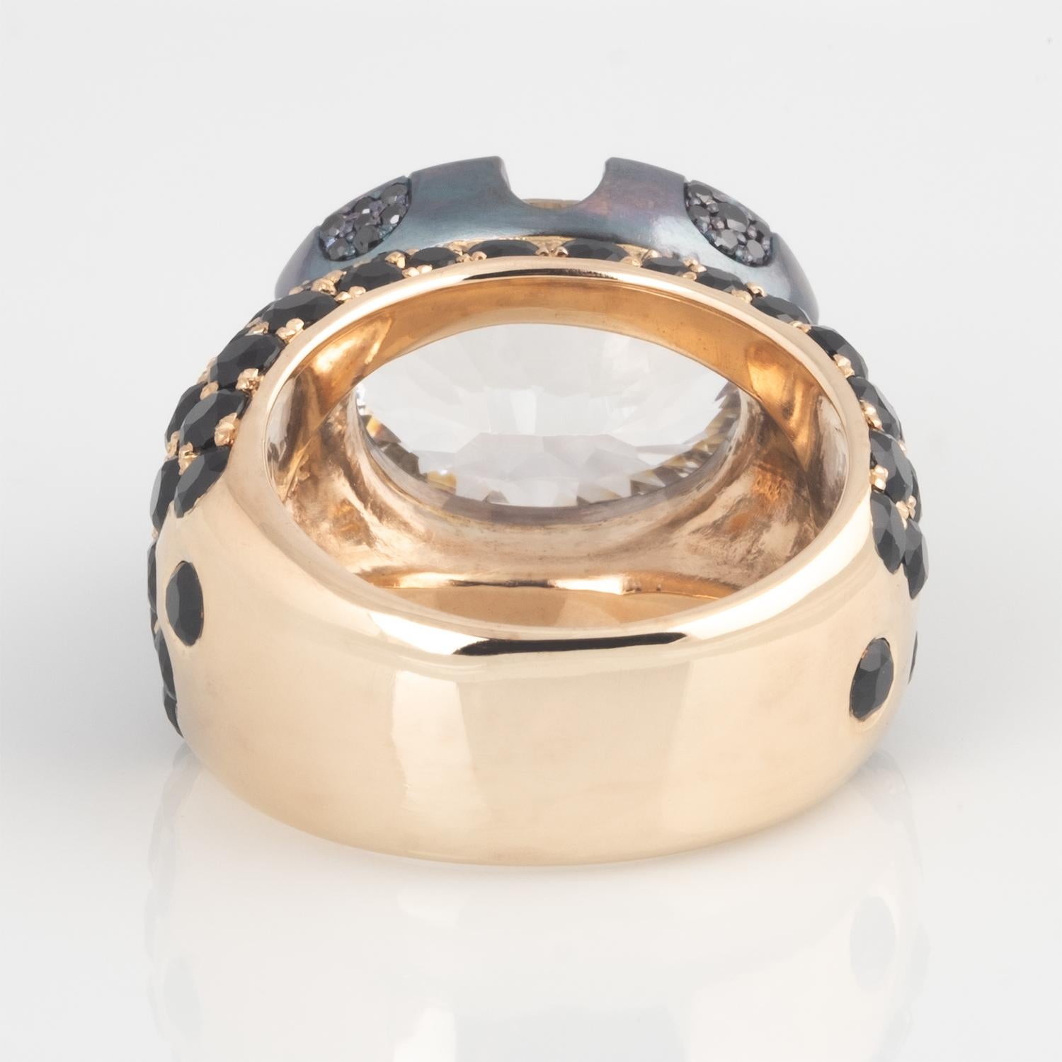 7.74 Carat Oval White Quartz Black Stone Silver Men's Ring
