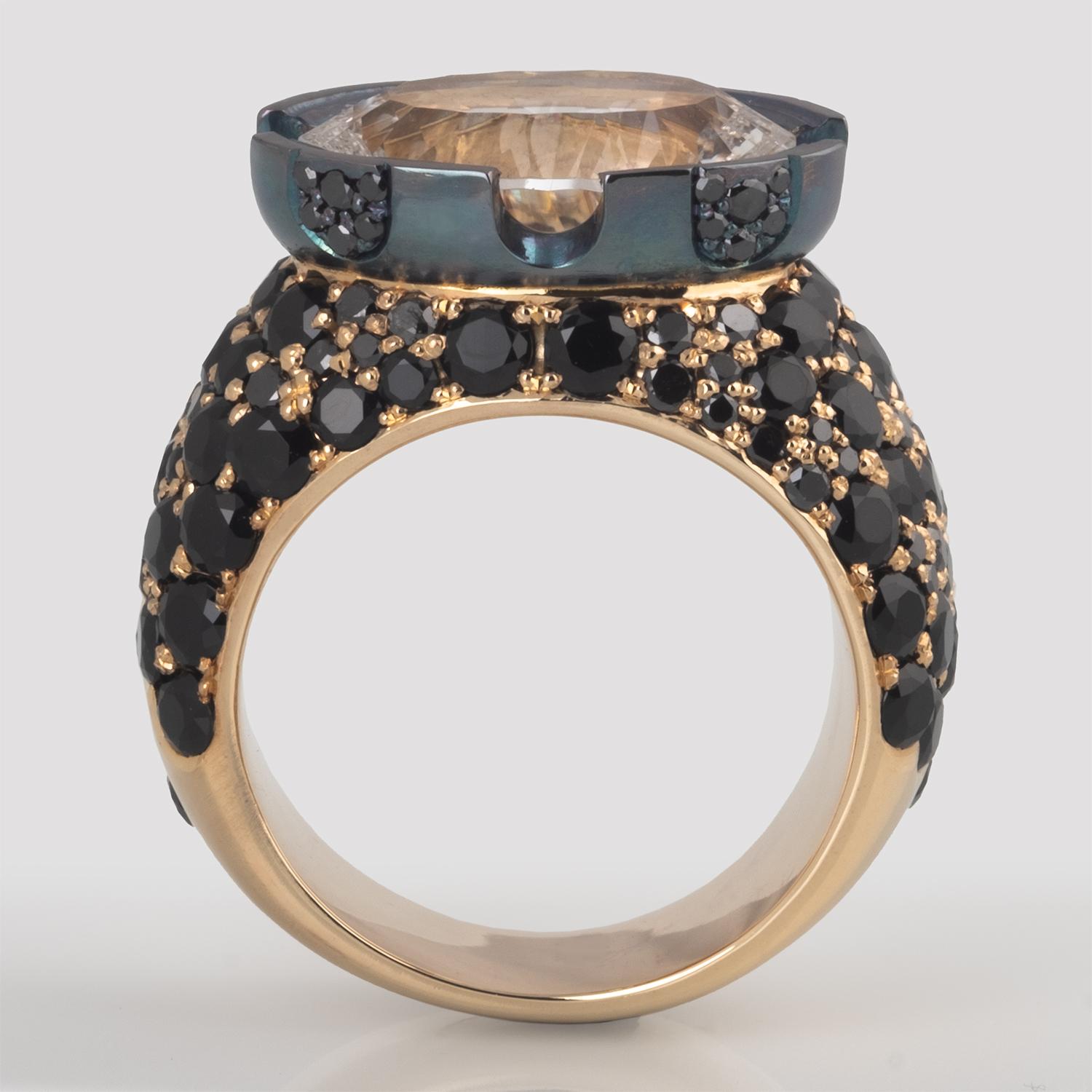 7.74 Carat Oval White Quartz Black Stone Silver Men's Ring