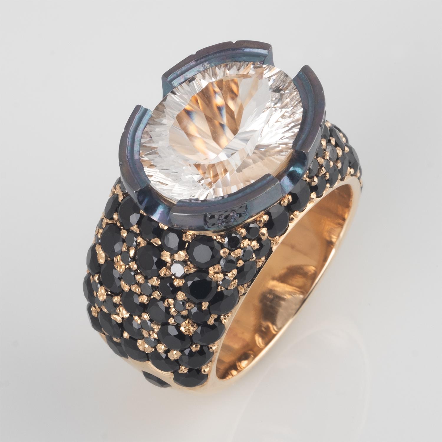 7.74 Carat Oval White Quartz Black Stone Silver Men's Ring