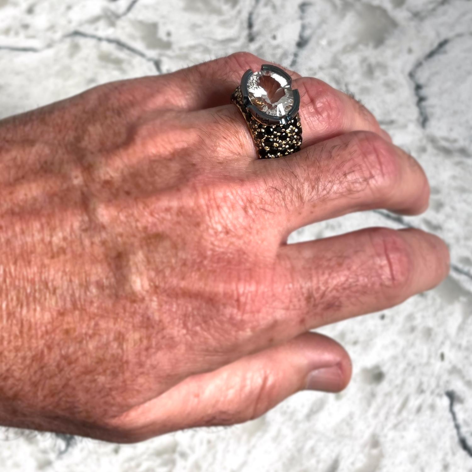 7.74 Carat Oval White Quartz Black Stone Silver Men's Ring