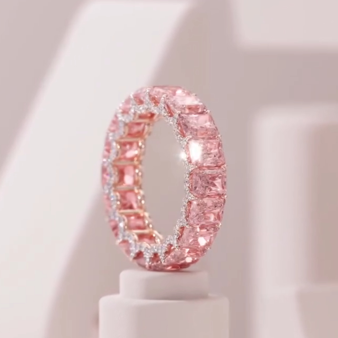 Emerald Cut Pink Stone Wedding Band