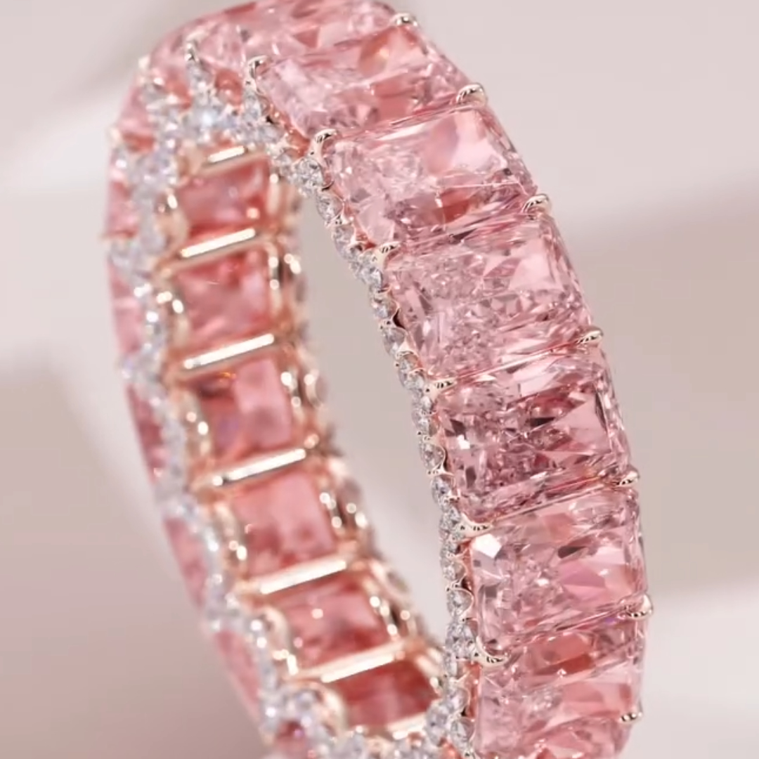 Emerald Cut Pink Stone Wedding Band