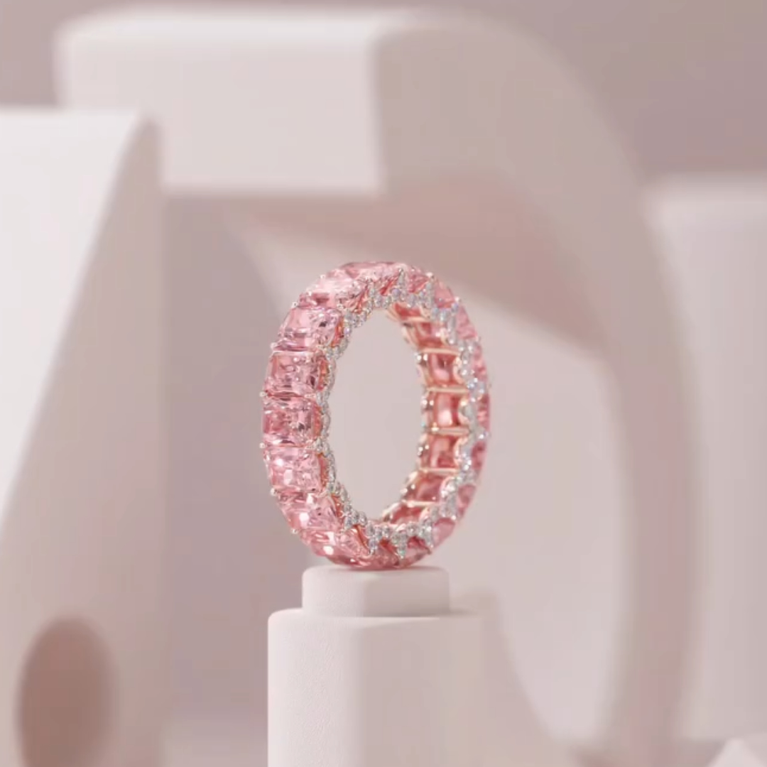 Emerald Cut Pink Stone Wedding Band