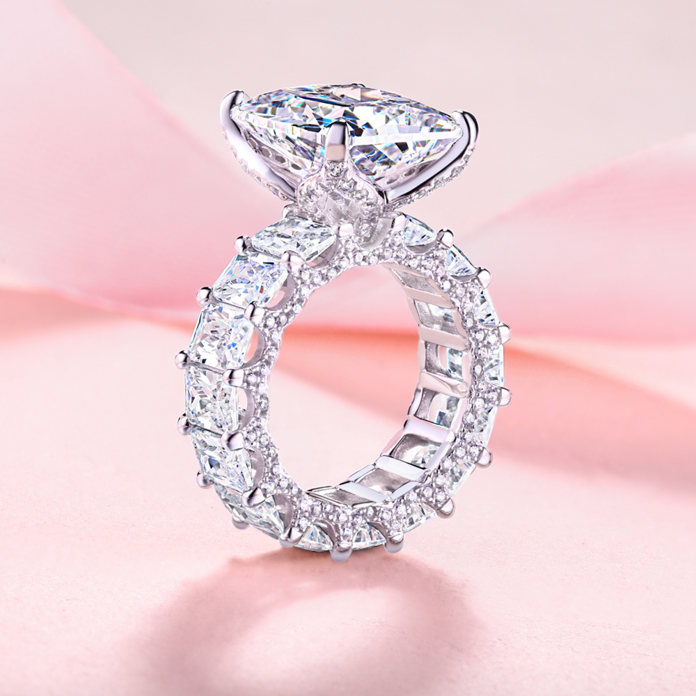 Sterling Silver Classic Four Prong Halo Radiant Cut Engagement Ring