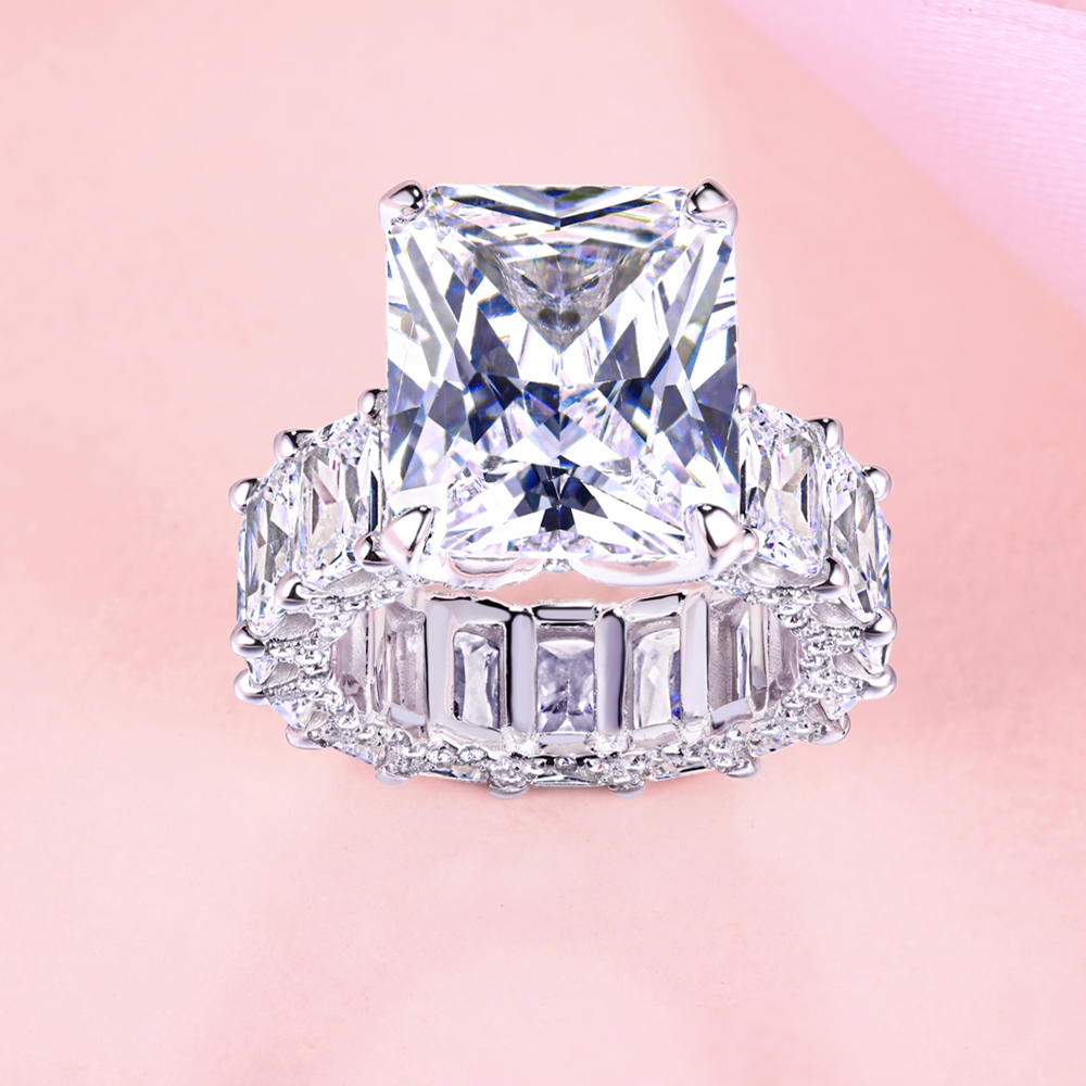 Sterling Silver Classic Four Prong Halo Radiant Cut Engagement Ring